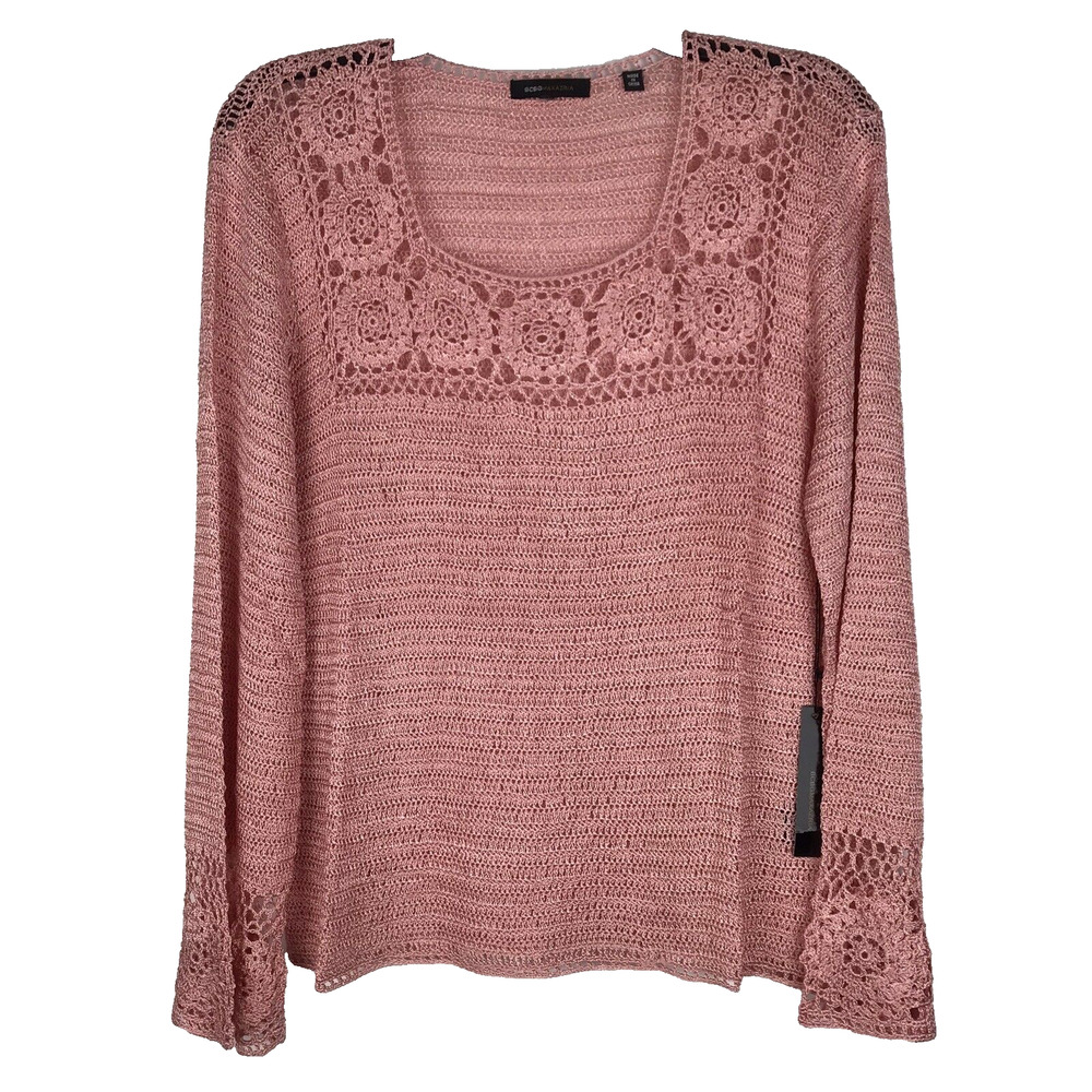 BCBG Max Azria Pink Sweater Crochet Knit Floral Long Sleeve Square Neck Medium